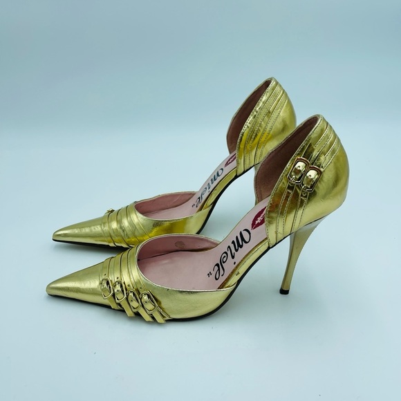 Chrome Gold Metallic Shiny Buckle Pointed Toe Stilettos - Picture 3 of 8